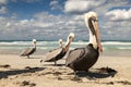 Brown pelican family on the beach, ocean waves and clouds in background Royalty Free Stock Photo