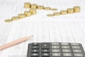 Brown pencil have blur calculator and blur step gold coins Royalty Free Stock Photo