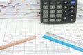 Brown pencil and ruler with calculator