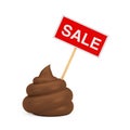 Brown Piece of Shit Cartoon Poop Icon with Sale Promotion Banner. 3d Rendering