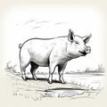 Brown Pig Standing Beside Stream: Hand Drawn Black And White Realism Royalty Free Stock Photo