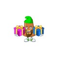 Brown pilgrim hat cartoon with mascot bring two gifts