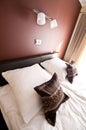 Brown pillow on bed with wall lighting