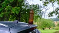 A brown plastic beer bottle on the roof of a car Royalty Free Stock Photo