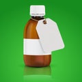 Brown plastic bottle with paper tag, on green background