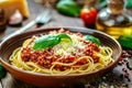 Brown plate with spaghetti bolognese with parmesan and basil