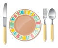 Brown plate, steel spoon, fork, knife Royalty Free Stock Photo