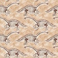 Brown plesiosaur dinosaur fossil bones seamless pattern. Gender Neutral Jurassic silhouette for baby nursery. Gender
