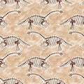 Brown plesiosaur dinosaur fossil bones seamless pattern. Gender Neutral Jurassic silhouette for baby nursery. Gender