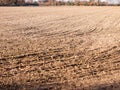 Brown ploughed dry autumn farm field space tracks empty space ag
