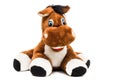 Brown plush toy smiling horse on a white background