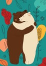 Brown and polar bears hugging in the woods. Cute vector hand drawn illustration.