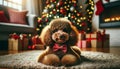 A brown poodle wearing a red polka dot bow tie sits in front of a sparkling Christmas tree.