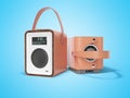 Brown portable radio speaker for listening to leather bound music 3D render on blue background with shadow