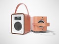 Brown portable radio speaker for listening to leather bound music 3D render on gray background with shadow