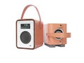 Brown portable radio speaker for listening to leather bound music 3D render on white background no shadow