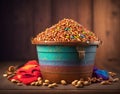 A brown pot full of colorful peanut candies Royalty Free Stock Photo