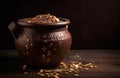 Brown pottery vase full of gleaming gold coins. Generate ai