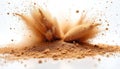 Brown powder exploding in mid air. Fine particles burst outward from a pile. Dust clouds swirl creating dynamic abstract motion Royalty Free Stock Photo