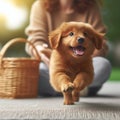 brown puppy running happily with his owner