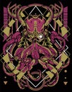 Brown Purple colour Cybernetic octopus monster with vintage sacred geometry background