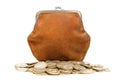 Brown purse and heap of coins Royalty Free Stock Photo