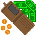 Brown purse with paper cash and coins Royalty Free Stock Photo