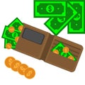 Brown purse with paper cash and coins Royalty Free Stock Photo