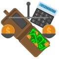 Brown purse with paper cash and coins, calculator and scales set Royalty Free Stock Photo