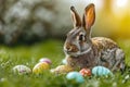 Brown Rabbit With Alert Ears Lies On Grass Next To A Scatter Of Colorful Easter Eggs