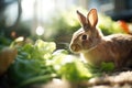 brown rabbit feasting on garden greens under sunlight