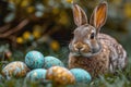 Brown Rabbit Sits Amongst Vibrantly Decorated Easter Eggs On A Bed Of Green Grass