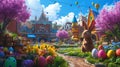 A brown rabbit sits on a fairy street surrounded by flowers. Generated AI