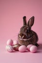 A brown rabbit sits in front of Easter eggs on a vibrant pink background, looking curiously at the viewer. suit a