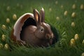 Brown rabbit sitting in a broken chocolate egg on the grass, Easter traditions and sweets, Generative AI.