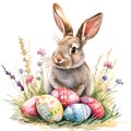 Easter Rabbit Sitting Next to Pile of Eggs. Generative AI Royalty Free Stock Photo