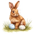 Brown Rabbit Sitting Next to Pile of Eggs. Generative AI Royalty Free Stock Photo