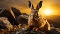 A brown rabbit sitting on top of a rock. Generative AI image. Royalty Free Stock Photo