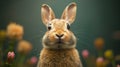 a brown rabbit is standing in a field of flowers and looking at the camera Royalty Free Stock Photo