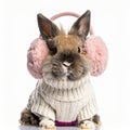 Brown Rabbit in White Sweater and Pink Earmuffs on White Background Studio Shot Royalty Free Stock Photo