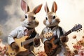 A brown rabbits couple in white suits playing guitars looking at the camera with field flowers and white sky background