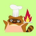 Brown raccoons with a cooking hat and holding a plate with fire on it Royalty Free Stock Photo