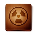 Brown Radioactive icon isolated on white background. Radioactive toxic symbol. Radiation Hazard sign. Wooden square