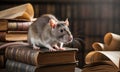 Brown Rat Standing Atop a Stack of Antique Books with Library Background and Dust Motes Visible in Ambient Lighting Decorative Royalty Free Stock Photo