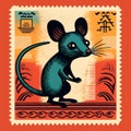 Chinese Zodiac Rat Postage Stamp With Intricate Border Design And Kolsch Illustration Royalty Free Stock Photo