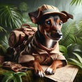 A brown rat terrier dressed as a jungle explorer Generative ai for illustrations