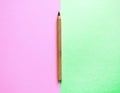 Brown recycled eco pen on the edge of two backgrounds: pink and green Royalty Free Stock Photo