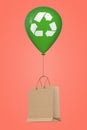 Brown Recycled Paper Shopping Bag Floating with Green Hellium Balloon with Recycle Sign. 3d Rendering