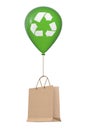 Brown Recycled Paper Shopping Bag Floating with Green Hellium Balloon with Recycle Sign. 3d Rendering