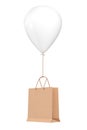 Brown Recycled Paper Shopping Bag Floating with White Hellium Balloon. 3d Rendering